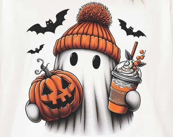 Cute Ghost Png, Halloween Ghost with Pumpkin Png, Fall Ghost Clipart, Pumpkin Coffee Sublimation, Spooky Halloween Png, Fall Design Png