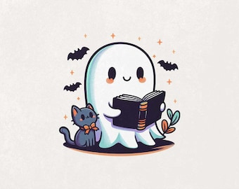 Süßer Geist Lesebuch PNG Geist und Katze Png Lehrer Png Halloween Png Geist Clipart PNG Schwarzes Katzenbuch Nerd Kawaii Geist Png Bibliothekar PNG