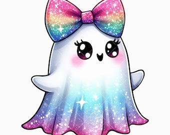Cute Ghost PNG, Halloween Clipart, Coquette Bow Ghost, Pink Ghost Design, Sparkly Rainbow Ghost, Fall Shirt Art, Glitter Ghost Sublimation