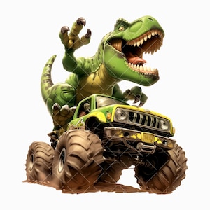 Dinosaurus Monster Truck PNG, T-Rex verjaardag ontwerp, cartoon dinosaurus clipart, jongen sublimatie, afdrukbare monsterjam, dino verjaardag ontwerp