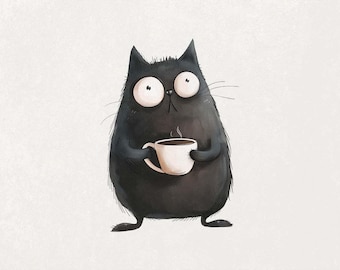 Schwarze Katze PNG, schrullige Katze Png, Kaffee-Liebhaber Clipart, süße gruselige Katzenkunst, Herbst Sublimation, Halloween-Katze Png, digitale Download-Datei