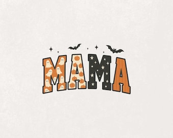 Halloween Mama PNG, trendige Geist Kürbis Clipart, Fledermäuse und Sterne, Herbst Mom Vibes, gruselige Saison Shirt Design, Varsity Herbst Sublimation