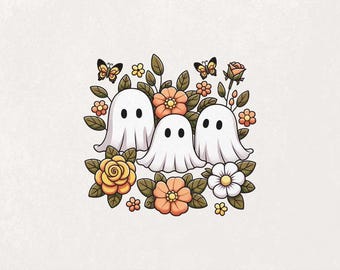 Blumengeist Png, Halloween-Geist Png, Retro niedlicher Geist Clipart, Groovy Geist Png, Vintage Herbst Geist mit Blumen, Herbst Sublimation Png