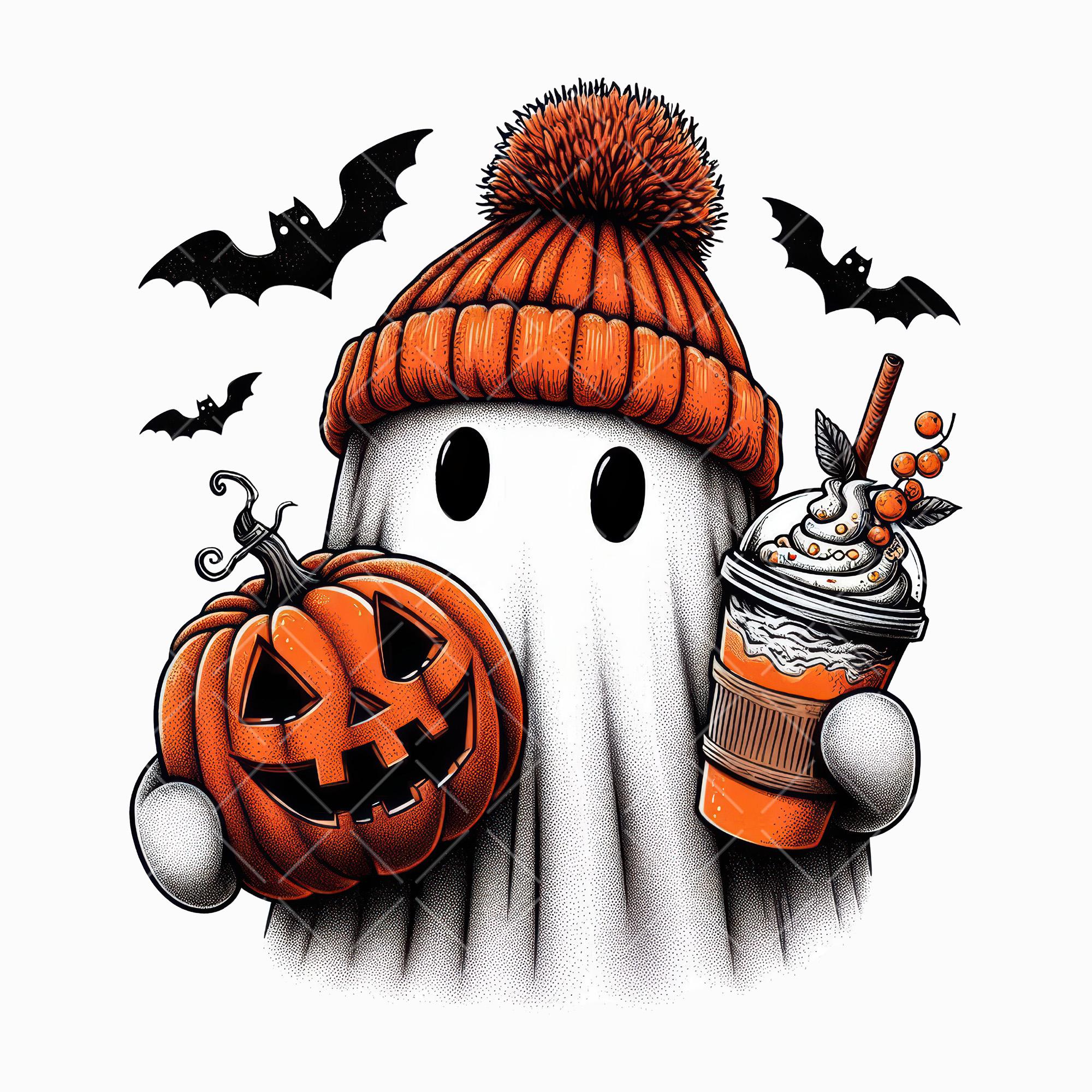 Cute Ghost Png, Halloween Ghost with Pumpkin Png, Fall Ghost Clipart, Pumpkin Coffee Sublimation, Spooky Halloween Png, Fall Design Png