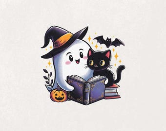 Niedlicher Geist Png, Geist mit Buch Png, Halloween-Geist Clipart, schwarze Katze Png, Buch-Liebhaber-Design, Lehrer Halloween Png, gruselige Bibliothek Png