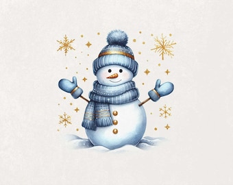 Bonhomme de neige de Noël PNG, bonhomme de neige hiver Png, bonhomme de neige scintillant Png, Noël bleu Png, Clipart Noël enfant, neige Png, sublimation aquarelle