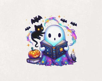 Niedlicher Geist Lesebuch PNG Geist Bücher Lehrer Halloween Png Buchliebhaber Hemd PNG Schwarze Katze Buch Nerd Magische Png Geist Png Bibliothek PNG