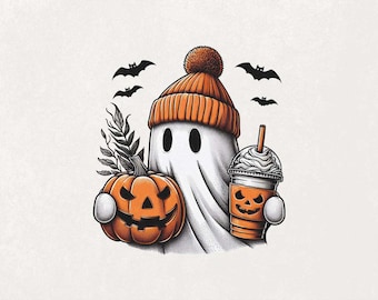 Niedlicher Geist Png, Halloween-Geist mit Kürbis Png, Herbst Geist Clipart, Kürbiskaffee Sublimation, gruseliger Halloween Png, Herbst Design Png