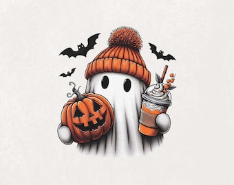 Niedlicher Geist Png, Halloween-Geist mit Kürbis Png, Herbst Geist Clipart, Kürbiskaffee Sublimation, gruseliger Halloween Png, Herbst Design Png