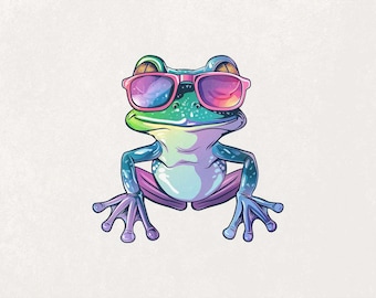 Bunter Frosch Png, Frosch mit Sonnenbrille, Spaß Frosch-Design, Retro Frosch Clipart, coole Frosch-Kunst, lebendige Frosch-Illustration, Sommer-Frosch-Design