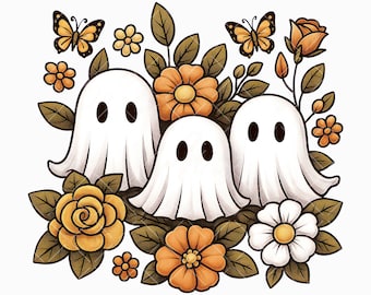 Retro Floral Ghosts Png, Vintage Halloween Ghost Png, Cute Ghost Clipart, Groovy Ghost Png, Fall Ghost with Flowers, Fall Sublimation Png