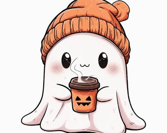 Cute Ghost Png, Halloween Ghost with Coffee Png, Pumpkin Coffee Png, Kawaii Ghost Sublimation, Fall Ghost Clipart, Spooky Halloween Png