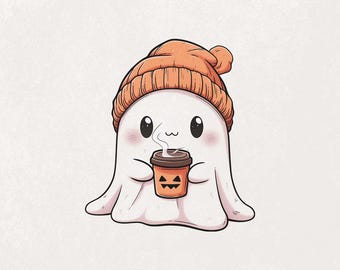 Kawaii Geist Png, Halloween-Geist mit Kaffee Png, Kürbiskaffee Png, süße Geist Sublimation, Herbst Geist Clipart, gruselige Halloween Png