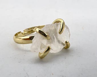 Raw Clear Quartz Ring, 18K Gold Plated Adjustable Crystal Ring R01-76