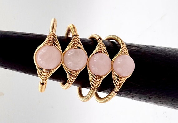 Wire Wrapped Natural Rose Quartz Ring, Adjustable Gemstone Healing Crystal R01-46