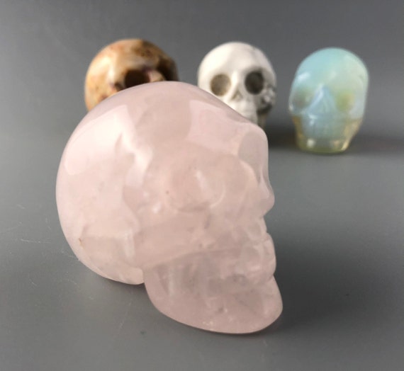 2" Rose Quartz Skull, Handmade Carved  Gemstone, Reiki Healing Crystal Decor C01-44