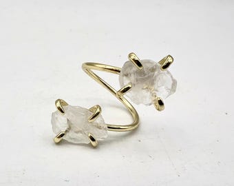 Double Raw Clear Quartz Ring, 18K Gold Plated Adjustable Copper Ring R01-75