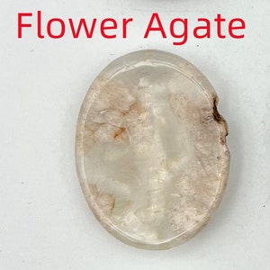 K&ouml;nnte beinhalten: Nahaufnahme eines wei&szlig;en Bl&uuml;tenagates mit braunem und wei&szlig;em Muster. Der Agat ist oval geformt und hat eine glatte, polierte Oberfl&auml;che. "Flower Agate" ist in roten Buchstaben &uuml;ber dem Agat geschrieben.