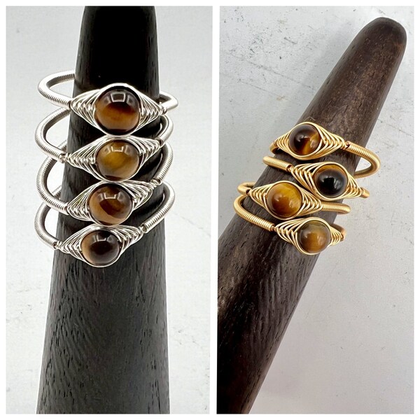 Tiger Eye Ring, Gemstone Rings, Crystal Rings, Wire Wrapped Rings,  Handmade Rings Adjustable R01-53