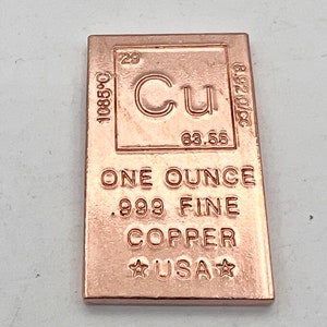 Solid One Ounce Copper Ingot Bars, Pure Copper Bullion, Fine .999, TP01 ...