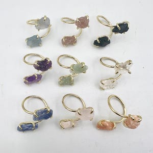 Double Raw Gemstone Ring, Raw Crystal Rings, Healing Rings, Dainty Rings, Handmade Rings, Statement Ring, Gold Plate Ring Adjustable R01-60