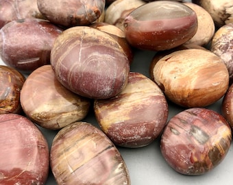 May include: A collection of smooth, polished petrified wood stones in shades of red, brown, and cream. The stones have a unique, swirling pattern and are perfect for crystal healing or decoration.