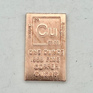Solid One Ounce Copper Ingot Bars, Pure Copper Bullion, Fine .999, TP01-80