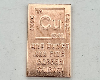 Solid One Ounce Copper Ingot Bars, Pure Copper Bullion, Fine .999, TP01-80
