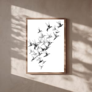 Puede incluir: Una impresión artística enmarcada que representa una bandada de colibríes en vuelo. La ilustración en blanco y negro muestra representaciones detalladas de las aves sobre un fondo blanco. El marco de madera añade un toque natural a la obra de arte, adecuada para la decoración del hogar.