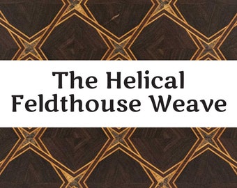 May include: A close-up of a wooden surface with a repeating pattern of dark brown and light brown wood. The pattern is called "The Helical Feldthouse Weave".