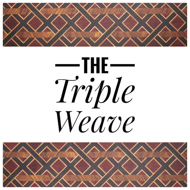 May include: The image shows the text "THE Triple Weave" in black, centrally positioned on a white backdrop. Above and below the text are decorative bands with a geometric pattern in brown, black, and gold.