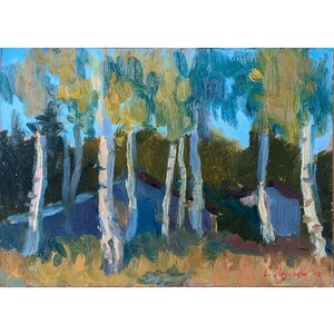 PINTURA DE DOBLE CARA Pintura al óleo original de la artista ucraniana S.Lazareva 2008, Bosque de abedules, Pintura al óleo moderna, Vista de la naturaleza, Escena del bosque
