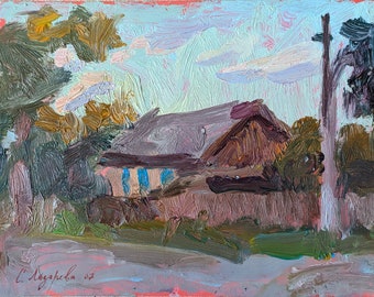 LANDSCAPE PAINTING, Original oil painting on cardboard by Ukrainian artist S.Lazareva, 2007, A street in Lubech.