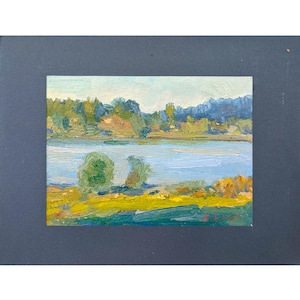 PINTURA DE PAISAGEM DE RIO, Pintura a óleo original sobre papelão do artista ucraniano V. Samchuk, 2021, Kiev, Pintura a óleo moderna