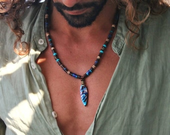 Collar bohemio étnico único con cuentas para hombre / Colgante hecho a mano unisex genial / Collar oriental con cuentas para hombre / Collar de piedras preciosas para hombre / Collar bohemio para hombre