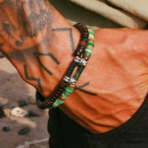 Unieke armbanden set duo heren / groene mosagaat jaspis kokosnoot armbanden heren / uniseks coole armband / stijlvol chique originele armband heren
