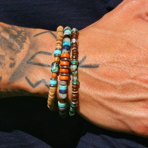 Boho Wooden Coconut Bracelets Men / Natural Gemstone Set Bracelets Man / Chrysocolla Beads Bracelet Mens / Unique Lapis Lazuli Bracelets Man
