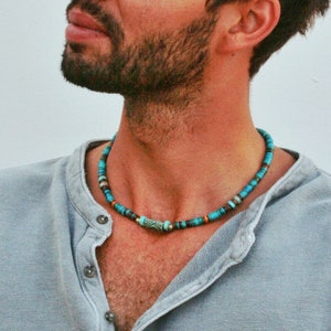 Turquoise Choker Man / Heishi Gemstone Beaded Necklace For Men /  Mens Minimalist Boho Handmade Necklace /  Choker Man