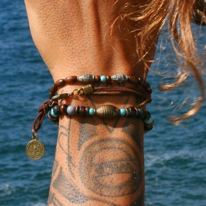 Mens Mala bracelet set 3/Wooden Bead Leather Cool Bracelet/Stacking Brown Turquoise Bracelets For Man