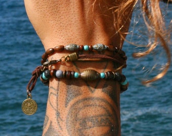 Mens Mala bracelet set 3/Wooden Bead Leather Cool Bracelet/Stacking Brown Turquoise Bracelets For Man