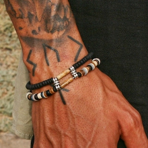 Dubbele armband heren / edelstenen zwarte kokosarmband heren / bruine herenarmband / originele herenarmbanden / boho hippie duo-armbanden