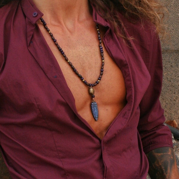 Collier homme de perles/Collier long bohème hippie pour homme/Pendentif ethnique violet pour homme