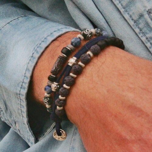 Mens Mala Bracelet Set 3/wooden Bead Leather Cool Etsy
