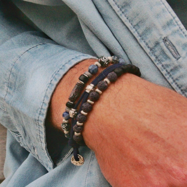 Ensemble de 3 bracelets de perles bleu pour homme / Bracelet en cuir et bois pour homme / Bracelet en lapis lave homme / Ensemble de 3 bracelets en agate pour homme / Bracelets cool pour homme