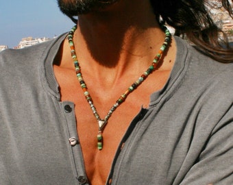 Coole Herren-Halskette mit Dreieck-Anhänger / Stammes-Halskette für Männer / Alternative Halskette für Männer / Perlen-Edelstein-handgemachter Halsreif für Männer / Fun Rock Long