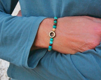 Turquoise bracelet for man/ Wooden beaded mens bracelet/ Bronze circle minimalist  man bracelet/  Simple everyday bracelet