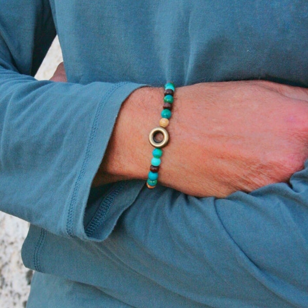 Bracelet turquoise pour homme/ Bracelet homme en perles de bois/ Bracelet homme minimaliste rond en bronze/ Bracelet simple de tous les jours