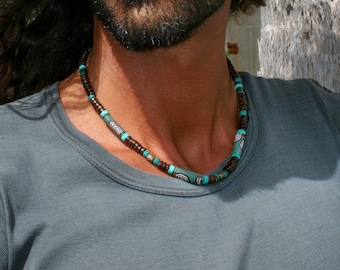 Handmade Beads Choker Men / Coconuts Turquoise Necklace for Man / Original Surfer Choker / Summer Cool Necklace Mens /  Unisex Choker