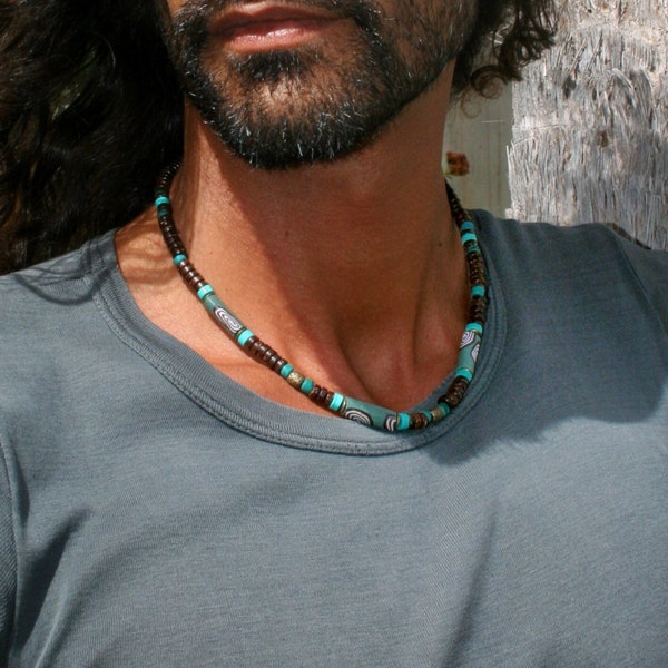 Handgemaakte kralen choker mannen / kokosnoten turquoise ketting voor man / originele surfer choker / zomer coole ketting heren / unisex choker