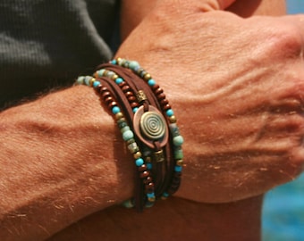 Chrysocolla Lapis Lazuli Leather Wrap Bracelet: Unique Men's Jewelry